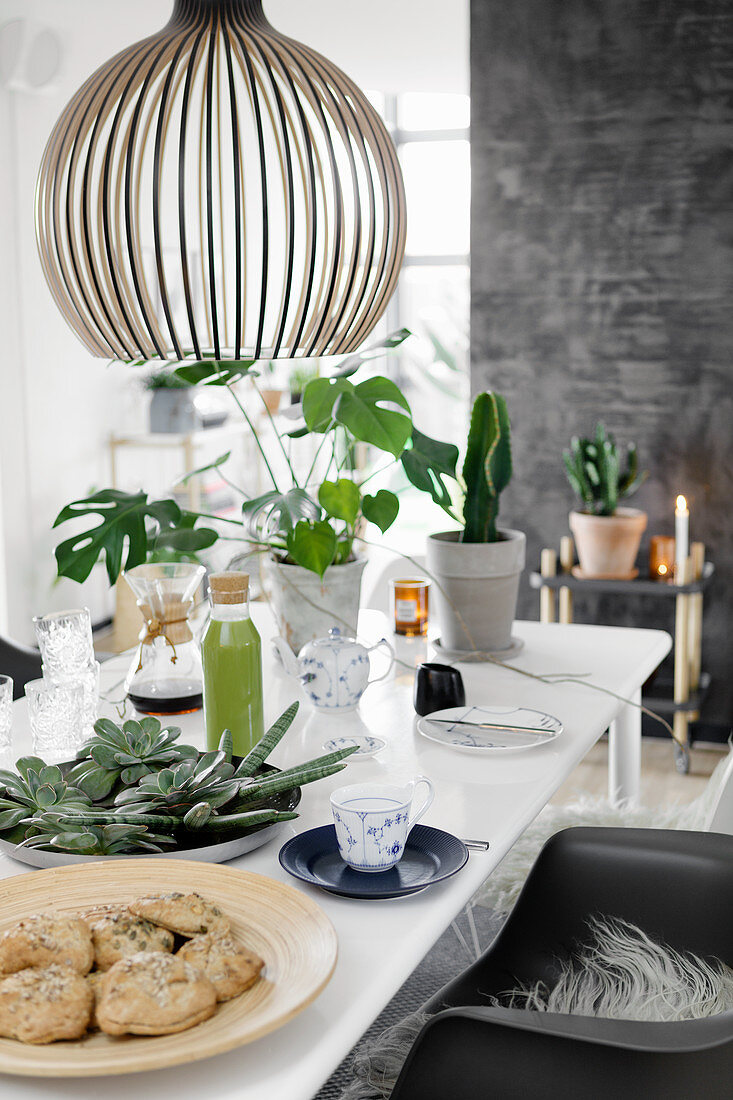 Gedeckter Tisch mit Zimmerpflanzen und selbstgemachten Brötchen