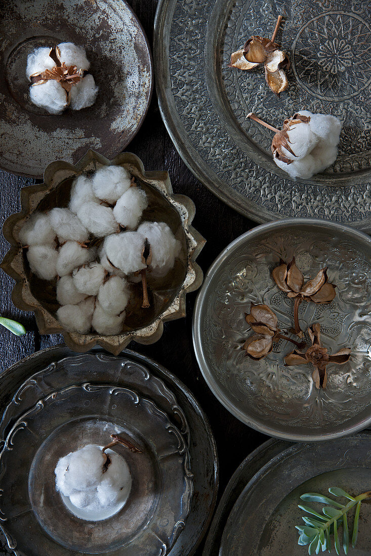 Baumwollkapseln in orientalischen Silberschalen als Deko