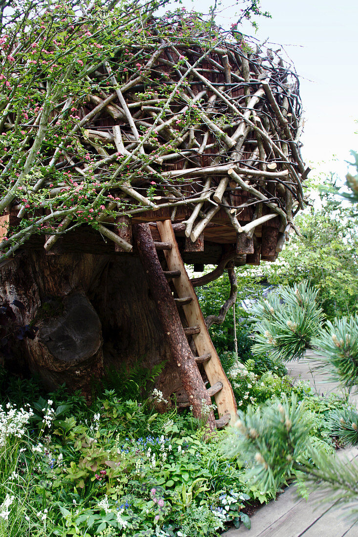 Baumhaus aus Ästen in Vogelnestoptik, rustikale Leiter