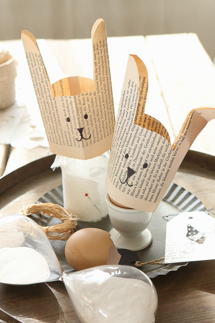 Bunny egg cosies handmade from old book pages