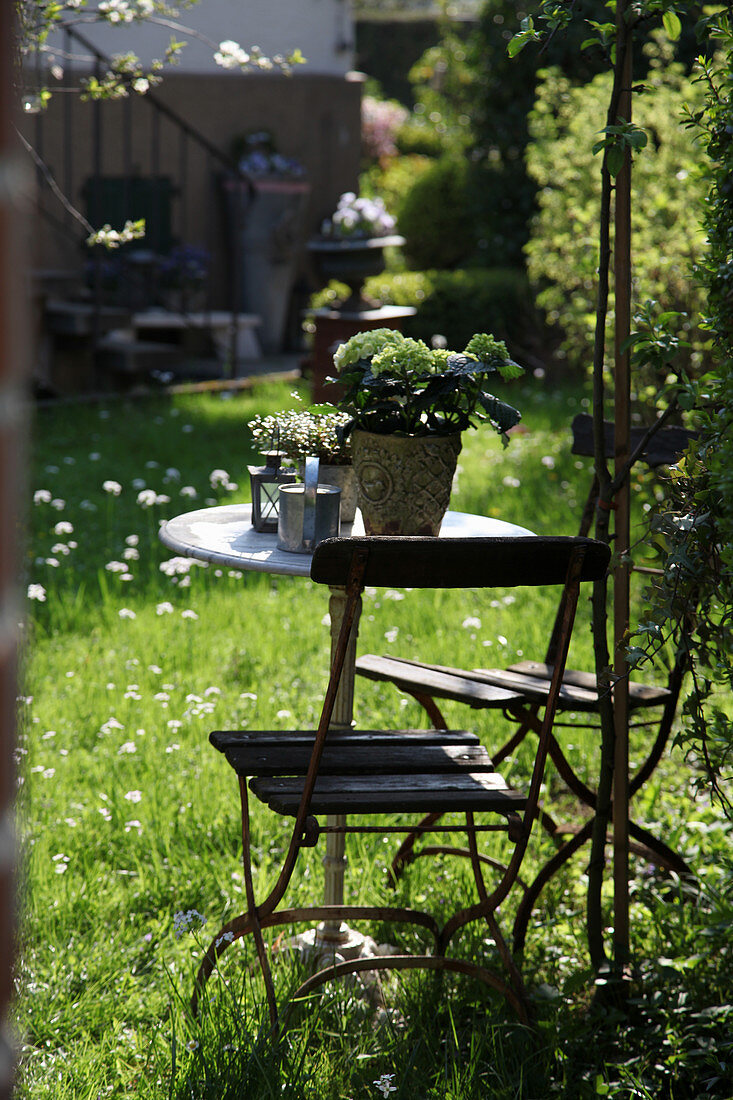 Kleiner Sitzplatz im Garten, Hortensie im Topf als Deko