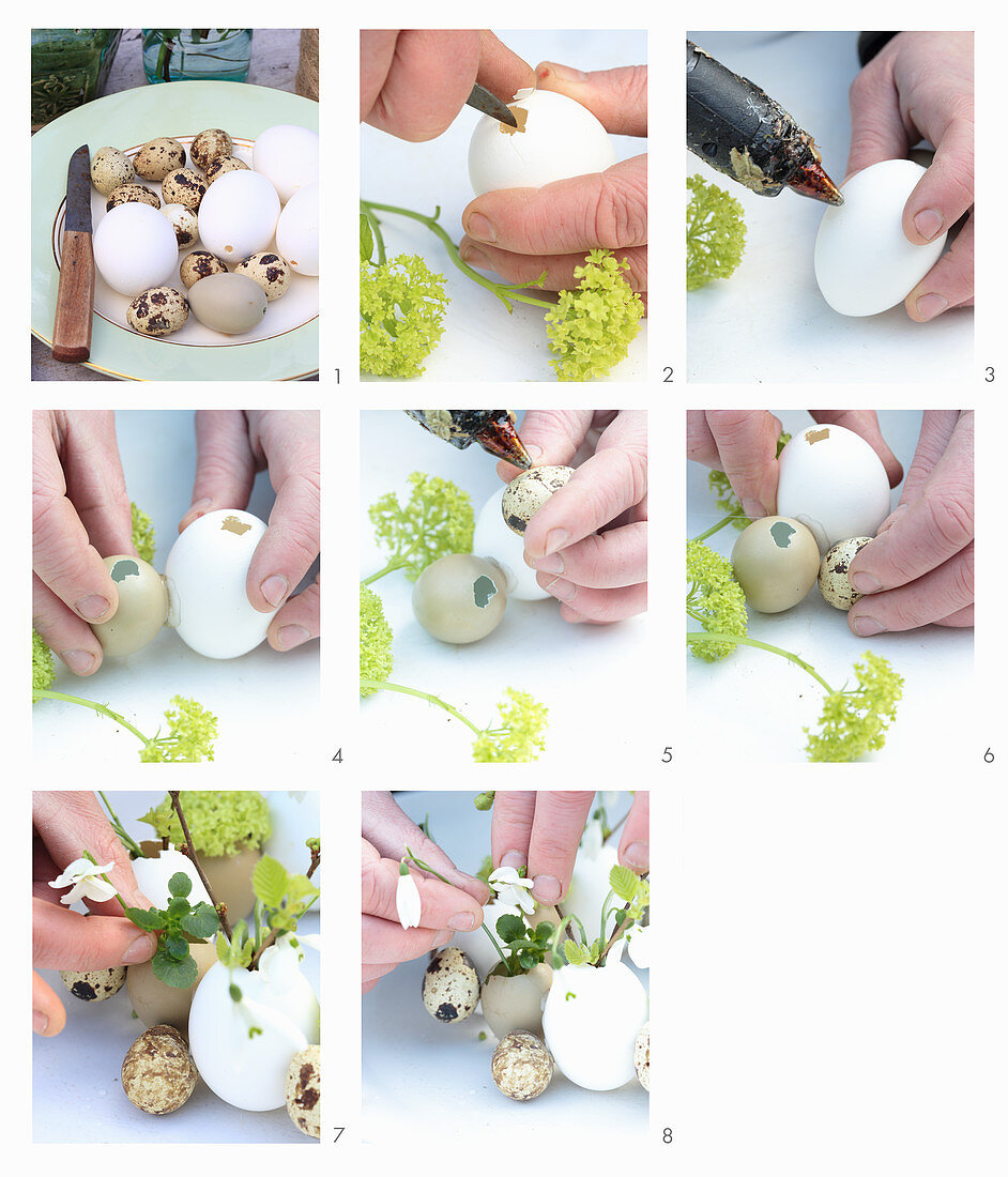 Instructions for making Easter arrangement of eggs and spring flowers