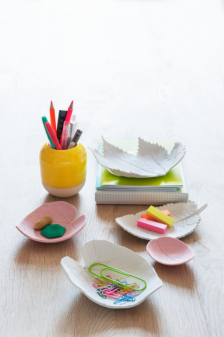 DIY leaf-shaped dishes made from modelling clay