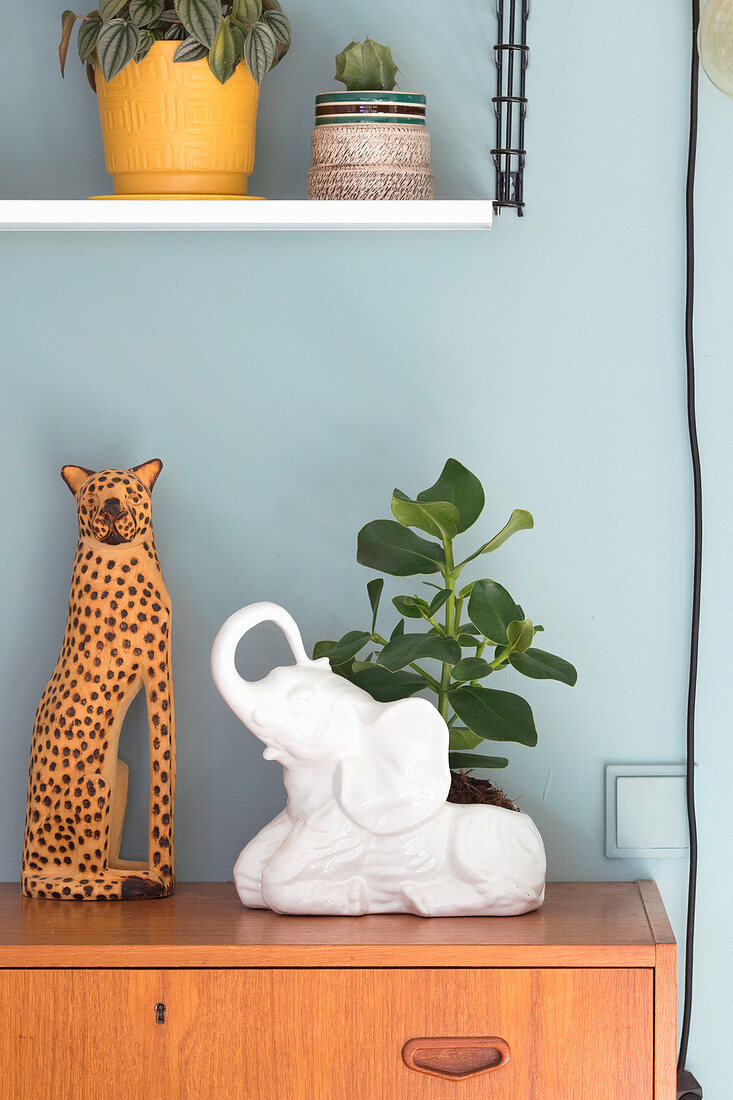 Leopard figurine and small clusia plant in elephant planter