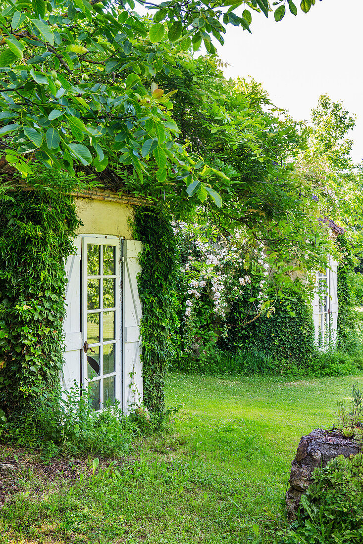 Versteckter Eingang mit Glastür im Garten