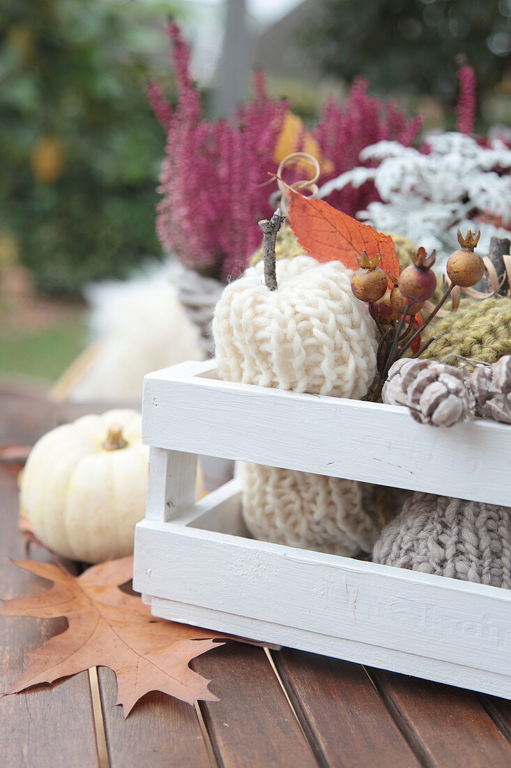 Knitted pumpkin decorations, autumn leaves and white squash