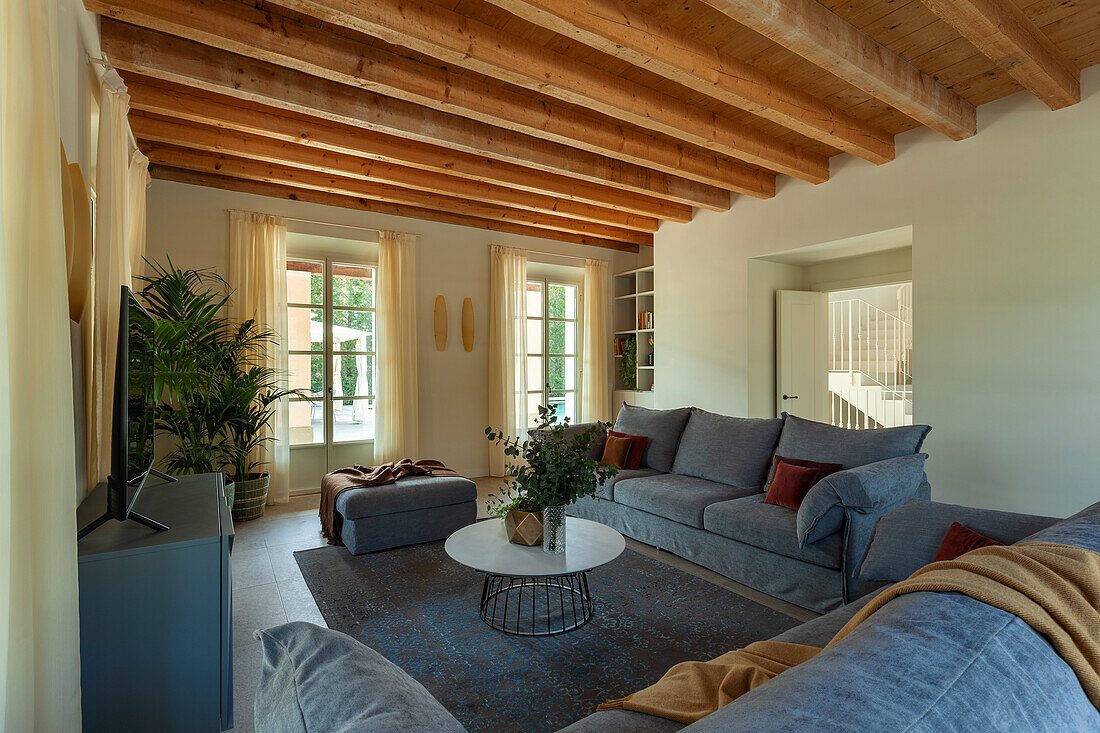 A lounge with upholstered furniture and potted palms