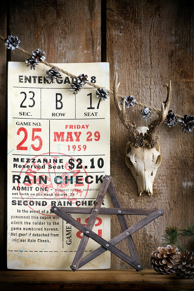 Rustic wall decor with vintage entrance ticket, wooden star and decorative deer skull