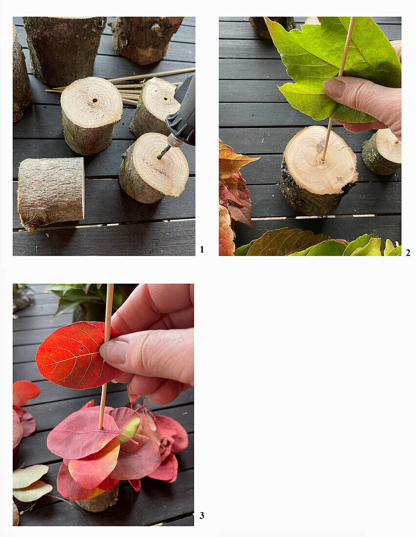 Skewering colorful leaves for a table decoration