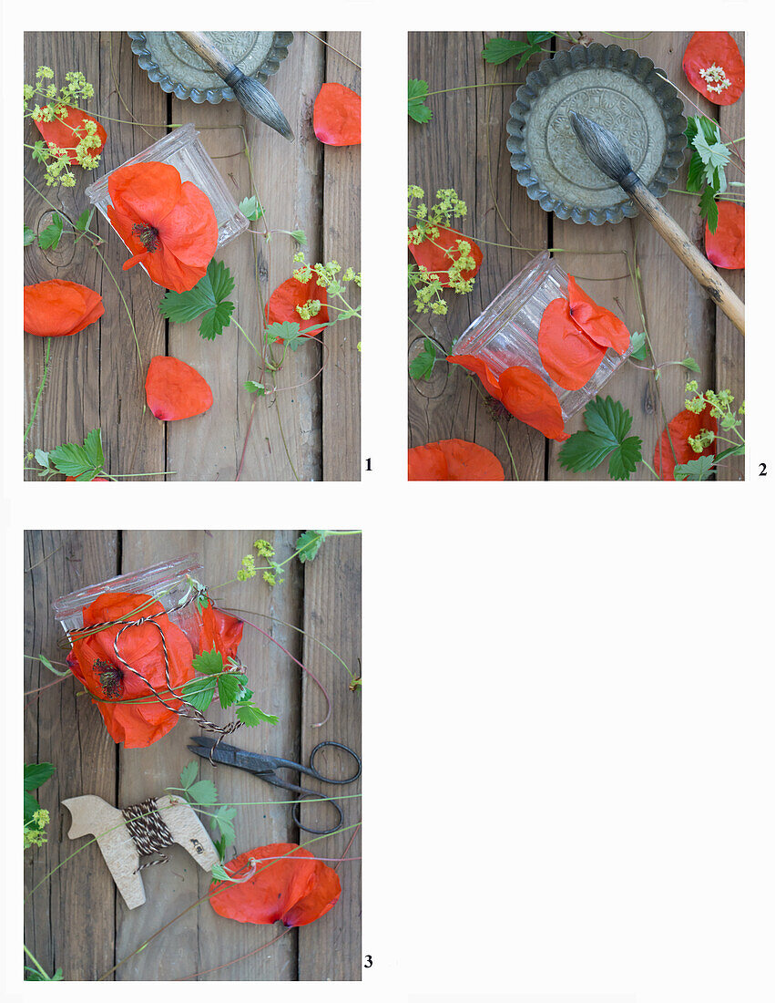 Decorating a lantern glass with poppies, strawberry vines, and lady's mantle