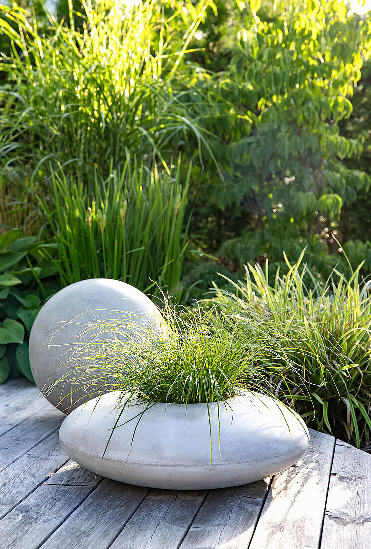 Concrete bowl planter with grasses and concrete ball on wooden terrace