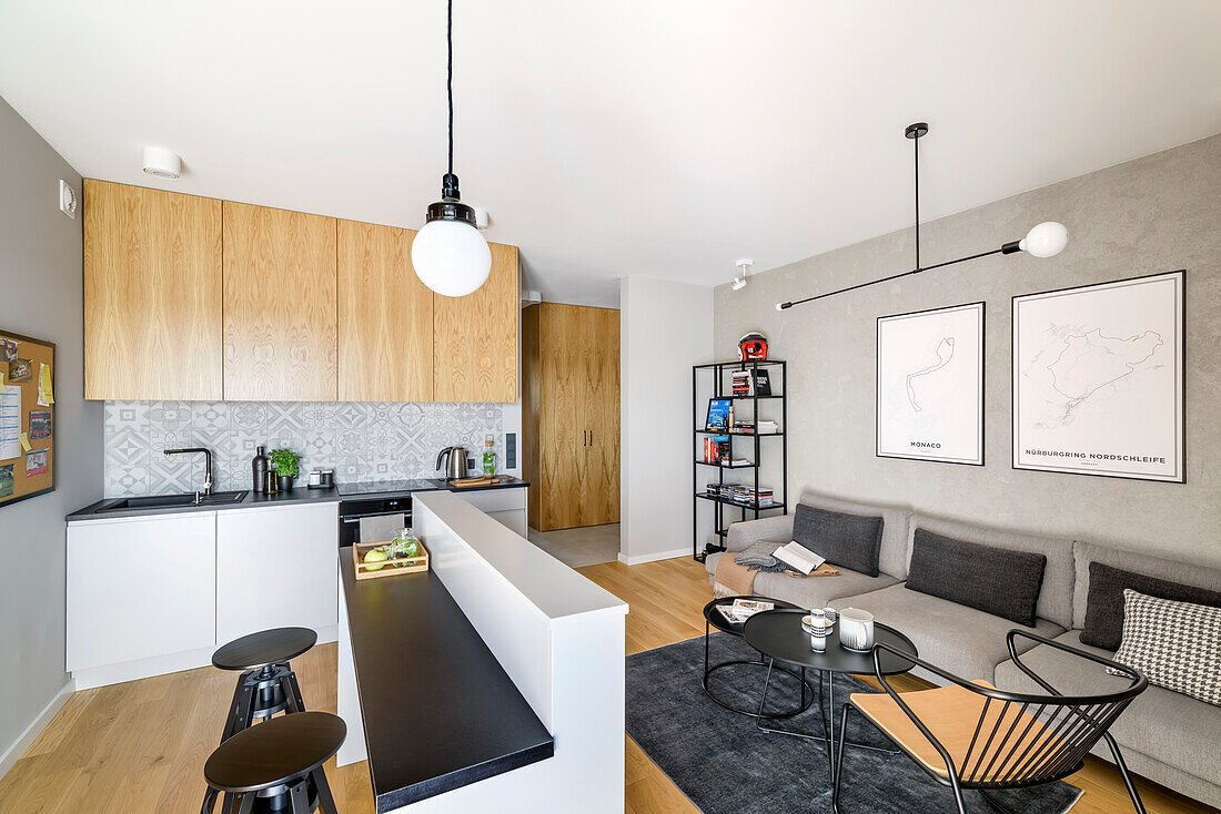 Open living room in grey tones in a masculine single flat, multi functional kitchen counter with TV wall in the front