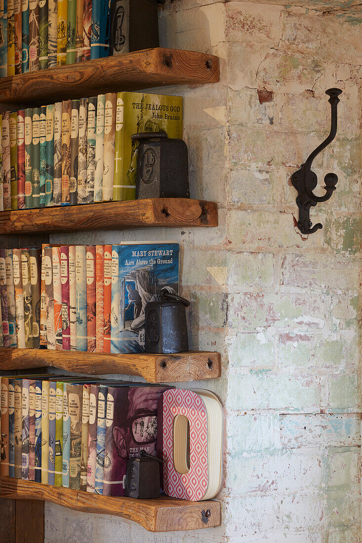 Holzregale mit Büchern an rustikaler Ziegelwand