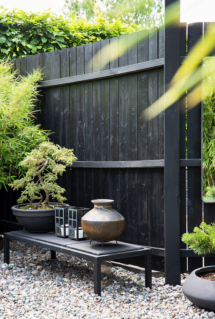 Modern garden area with black wooden wall and decorative elements