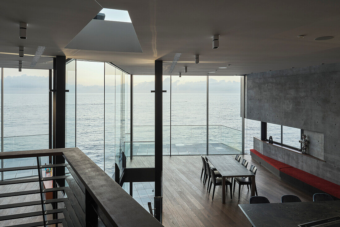 View of the sea from the landing above the kitchen and dining area