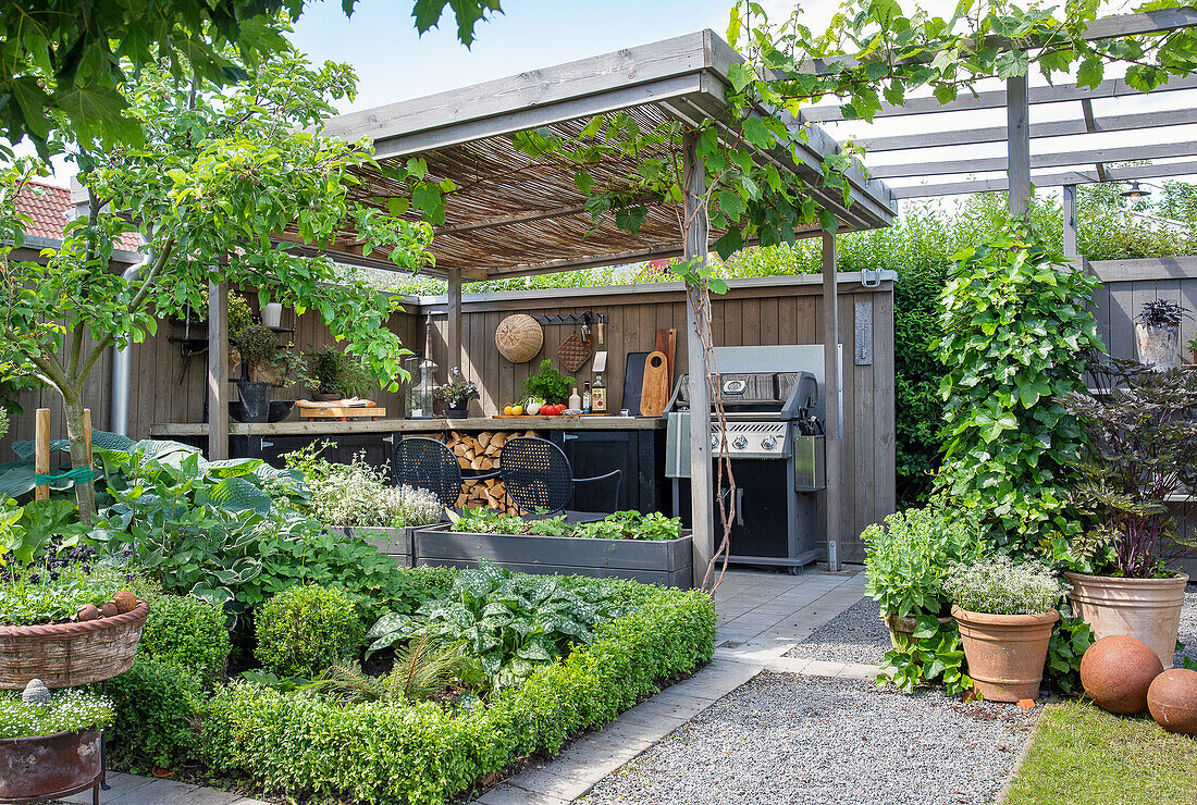 Gepflegter Garten mit Pergola, Außenküche und vielfältigen Grünpflanzen