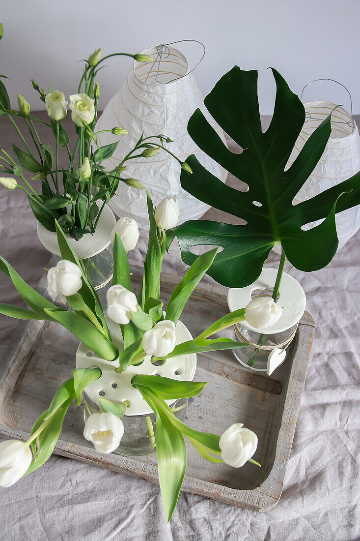 White tulips and monstera leaves in vases on a wooden tray