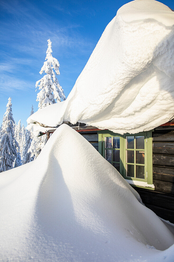 Holzhaus mit Schneehaube in verschneiter Landschaft