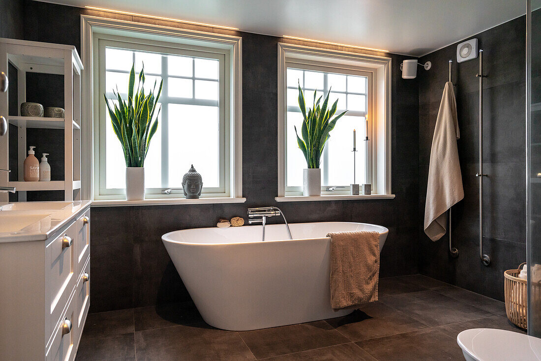 Freestanding bathtub in modern bathroom with dark tiles