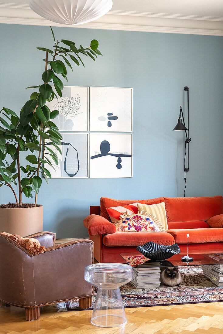 Wohnzimmer mit orange-rotem Sofa, blauer Wand und großer Zimmerpflanze