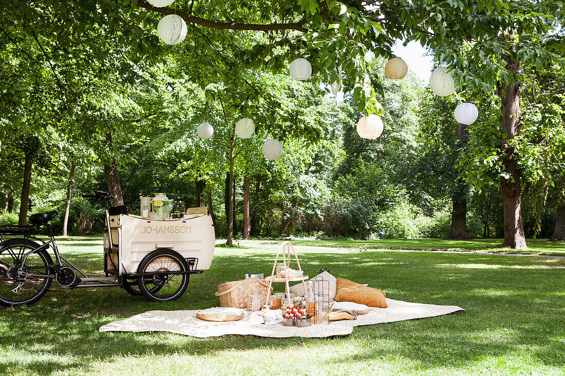 Picnic blanket with baskets and cushions under an illuminated tree in the park