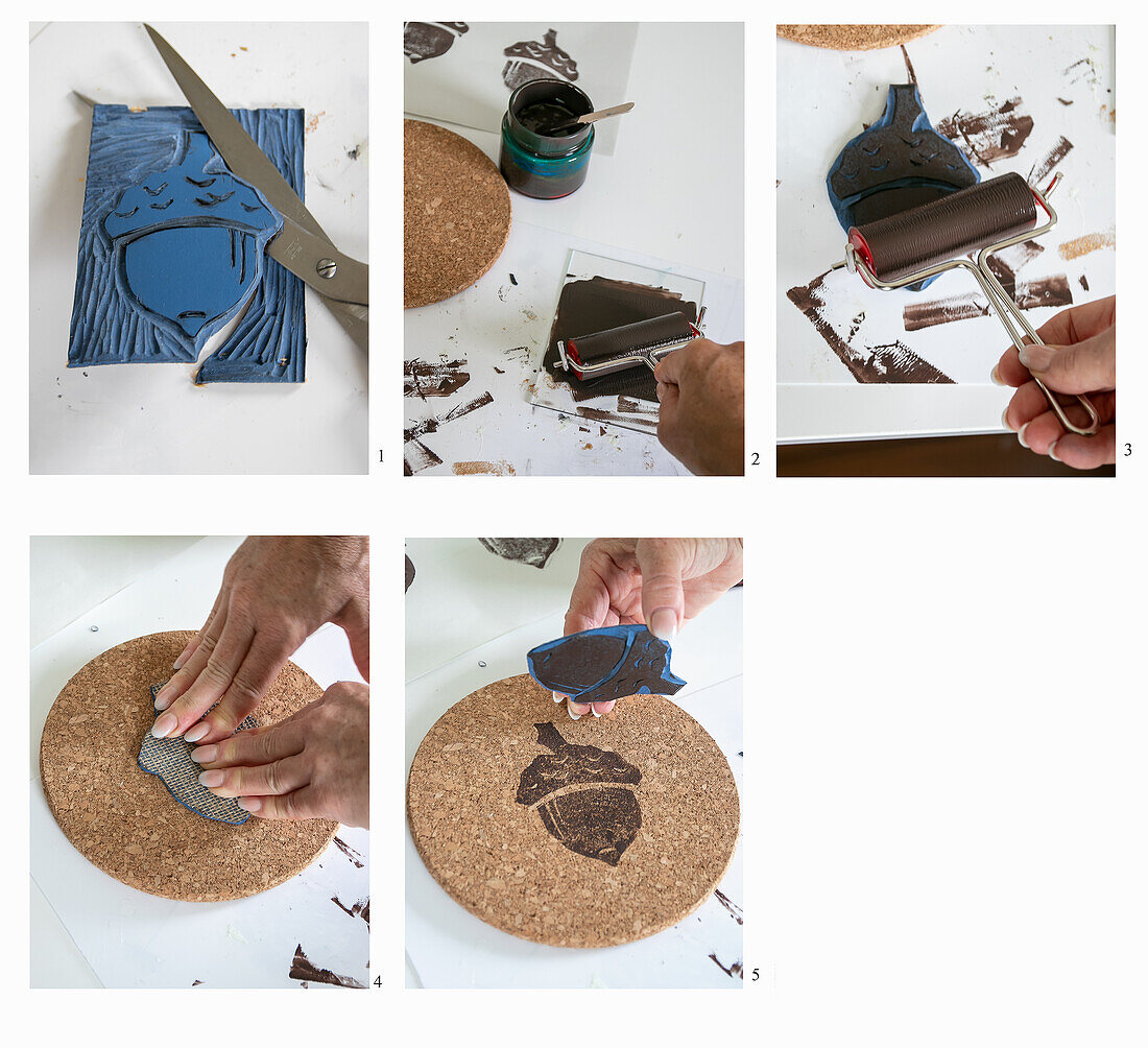 Designing cork coasters with linoleum print