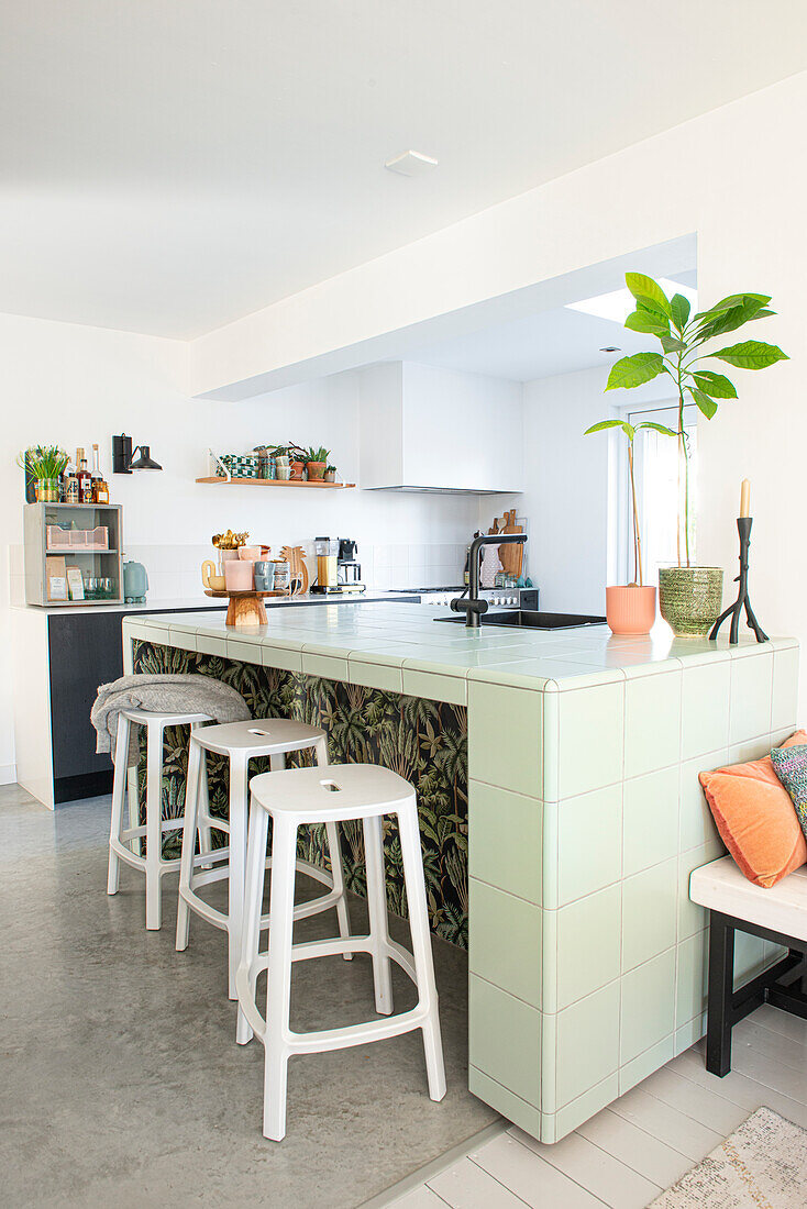 Kitchen with kitchen island, tall plant and bar stools