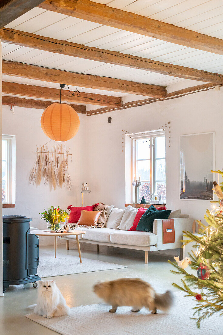 Hell eingerichtetes Wohnzimmer mit Holzofen, Weihnachtsbaum und zwei Katzen