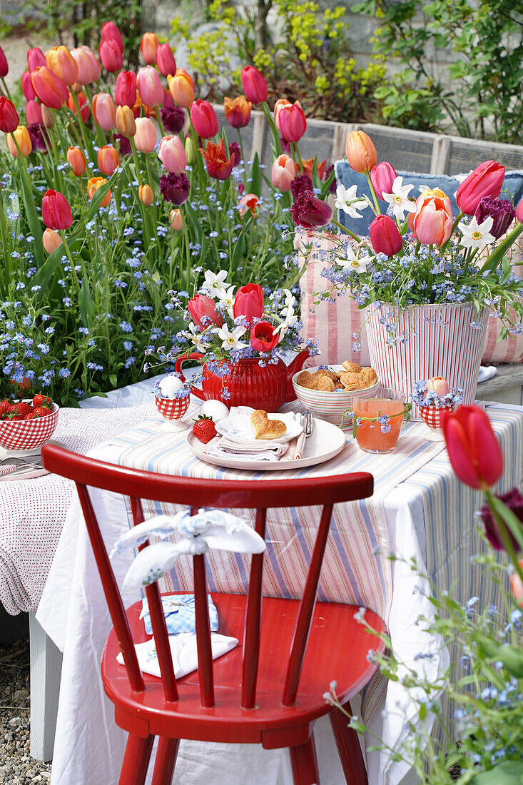 Gedeckter Gartentisch und Tulpen (Tulipa) im Frühling