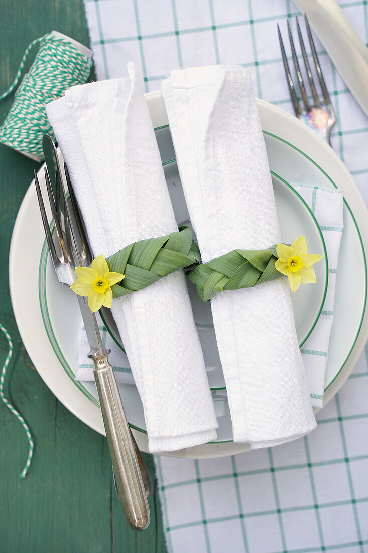 Festively laid table with daffodils (Narcissus) as napkin rings