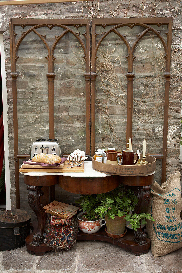 Console table with breakfast tray