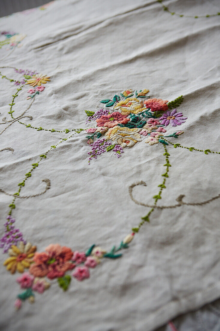Embroidered linen in Colchester family home, Essex, England, UK