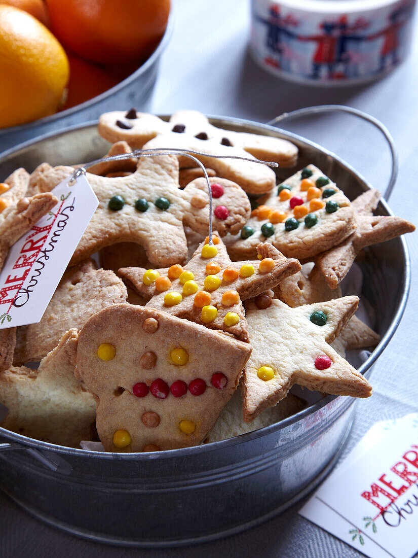 Christmas biscuits in metal tin, family home, France