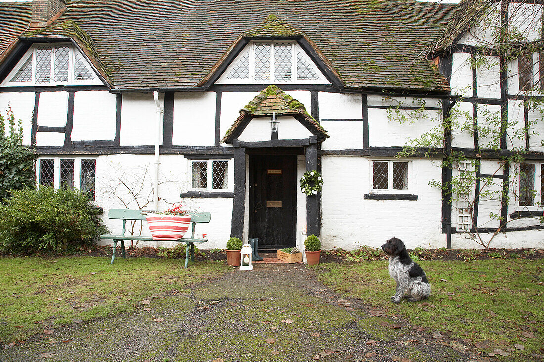 Front door access to timber framed Herefordshire cottage, England, UK