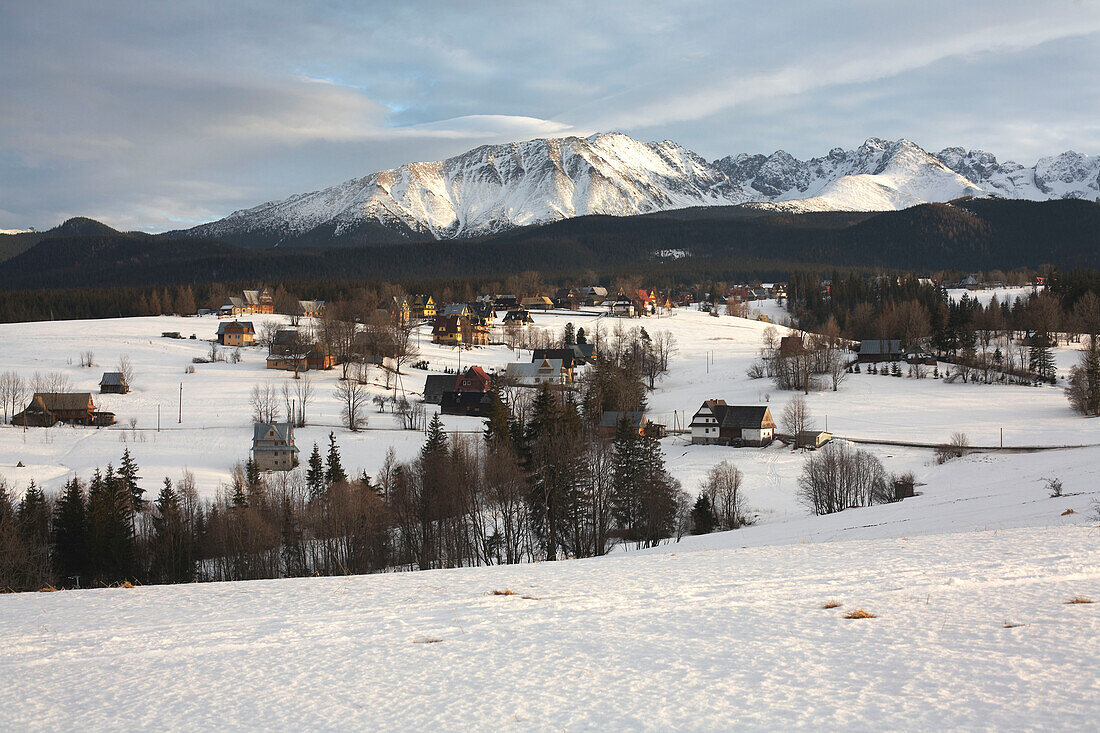 Polish mountain village in winter snow