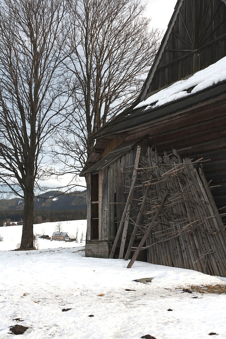 Polnisches Bauernhaus in Winterlandschaft
