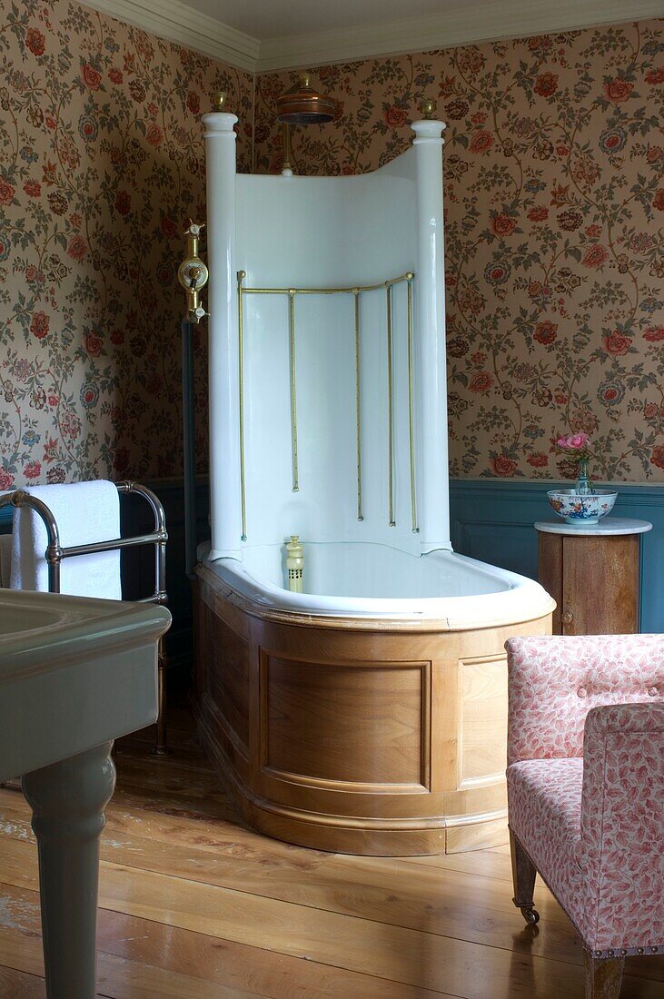 Rustic style bathroom with free standing bathtub
