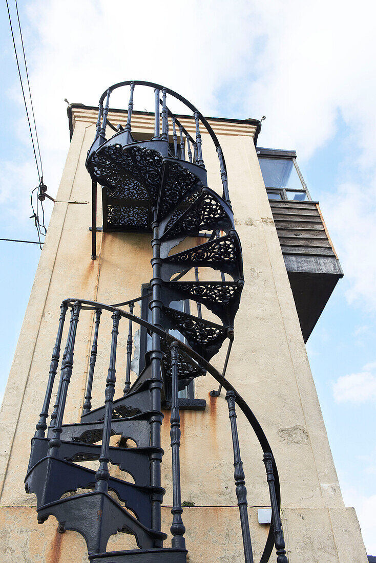 Look-out tower with wrought iron metal steps Aldeburgh, Suffolk England UK