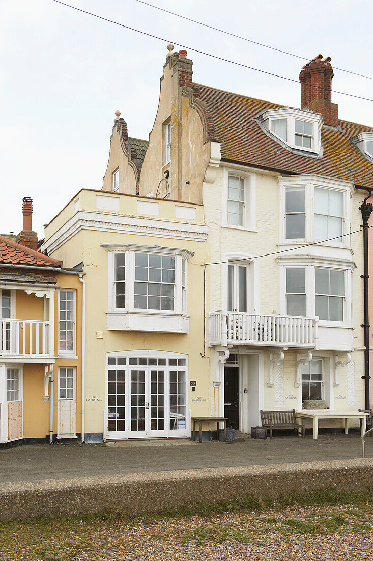 terraced beach houses Aldeburgh, Suffolk England UK