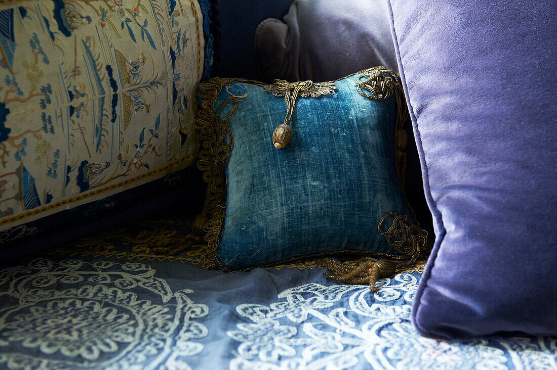 Blue and purple with patterned cushions in Massachusetts home, New England, USA