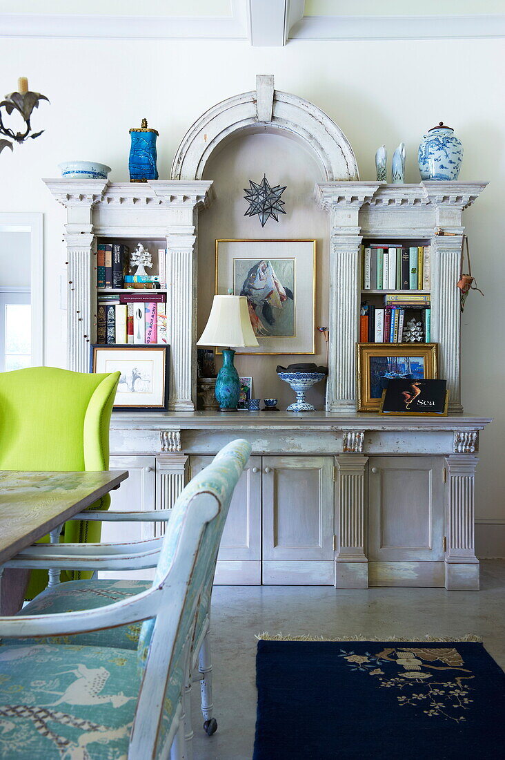 Upcycled bookcase in dining room of Massachusetts home, New England, USA