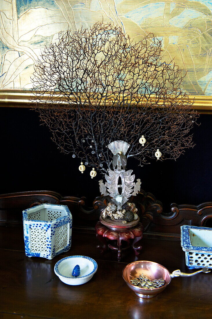 Oriental chinaware on wooden sideboard in Massachusetts home, New England, USA