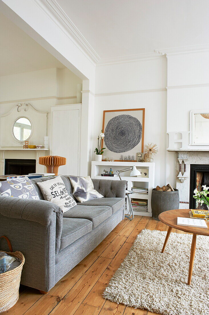 Grey sofa in living room of Broadstairs home, Kent, England, UK