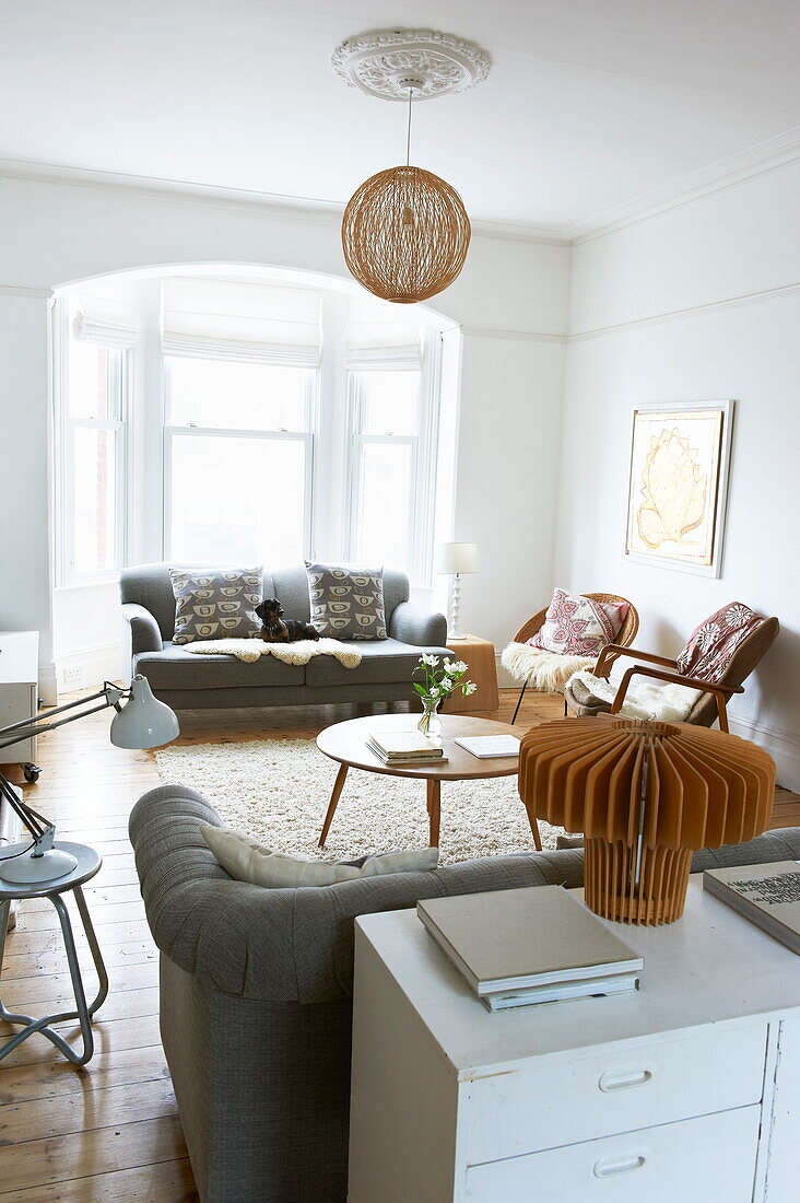 Open plan living room in Broadstairs home, Kent, England, UK