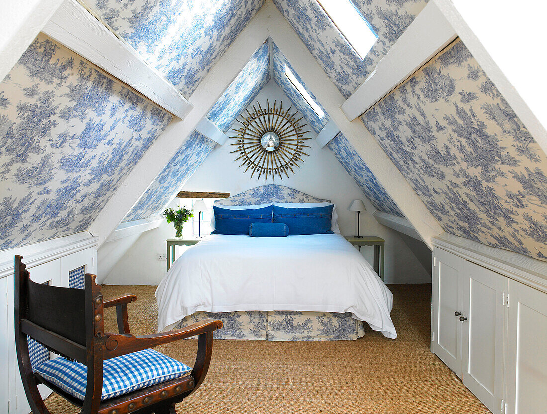 White and blue attic bedroom