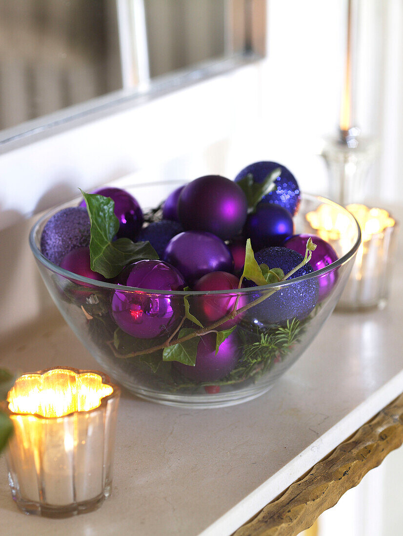 Christmas baubles in a bowl