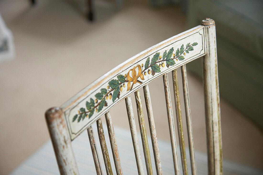 Hand painted chair in Lincolnshire country house, England, UK