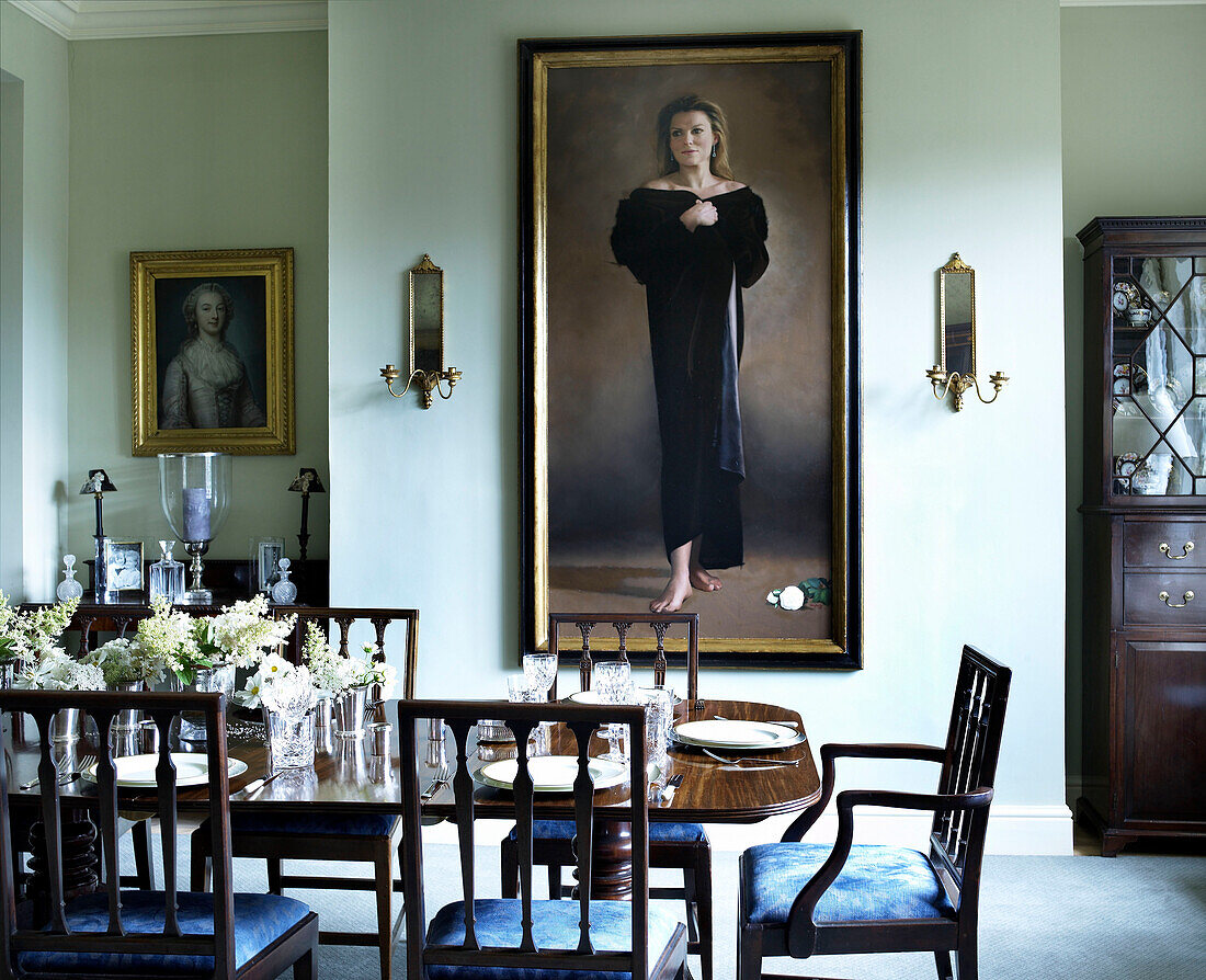 Dramatic oil painting in dining room of Lincolnshire country house, England, UK
