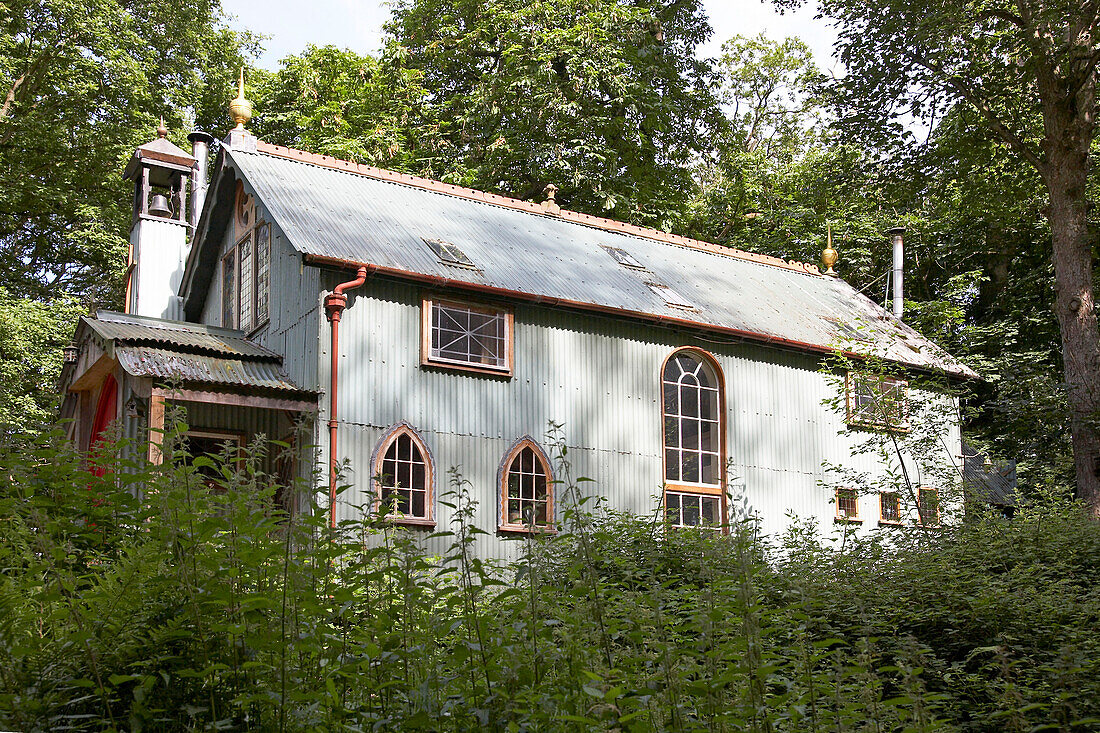 Corrugated metal exterior of woodland chapel in Shropshire, England, UK