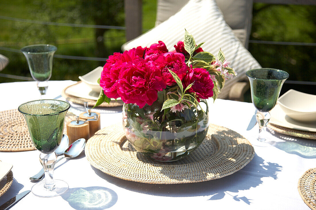 Centrepiece on balcony table al fresco dining in Somerset new build rural England UK